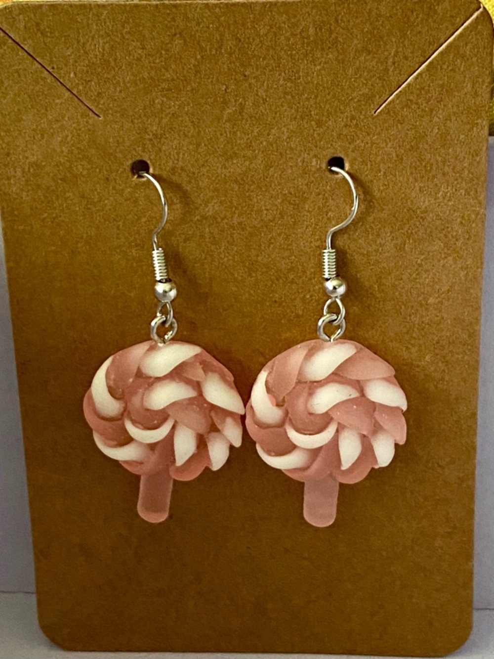 Pink & White Swirl Drop Earrings - Playful Lollipop Style